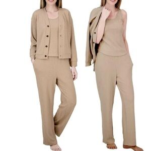 🤎Women's 3 Piece Beige Textured Knit Cardigan, Tank & Pants Lounge Set, Large🤎